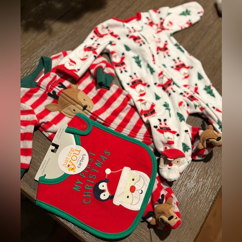 Baby’s first Christmas! Two zip-up onesies and baby’s first Christmas bib (NWT)